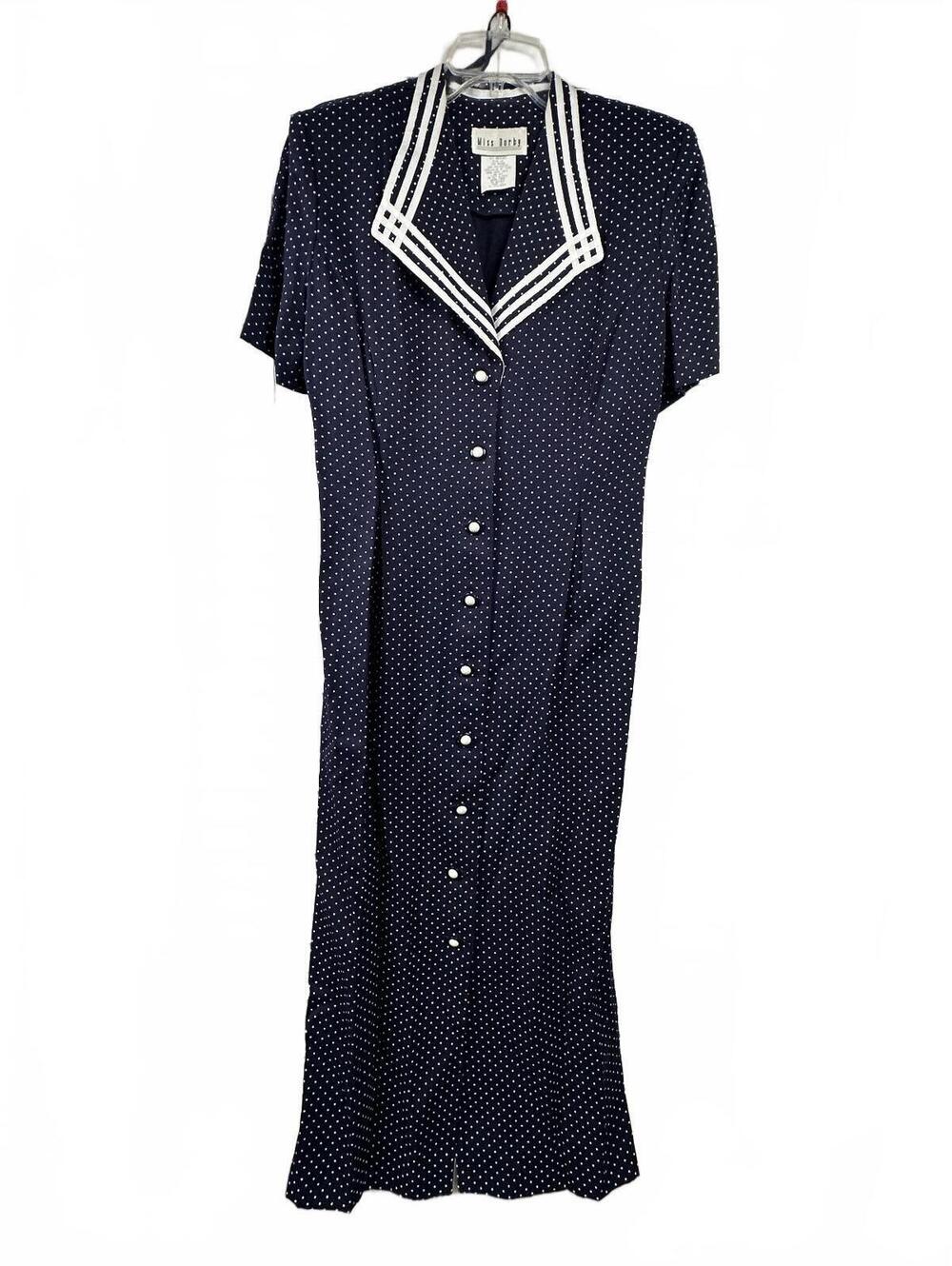 Vintage Miss Dorby Navy Blue Polka Dot Sailor Collar Midi Dress Size 12